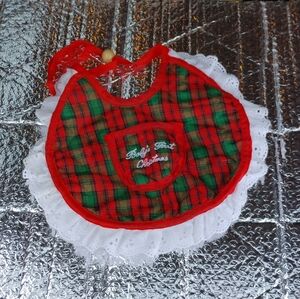 Vintage Handmade Plaid Baby First Christmas Bib with Lace Trim
